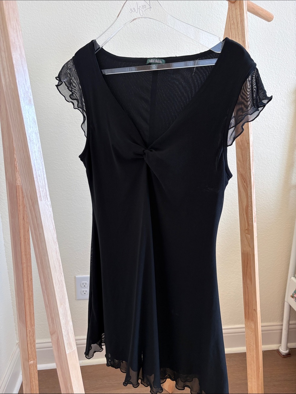 Black Sleeveless Tie-Front Mesh Trim Dress